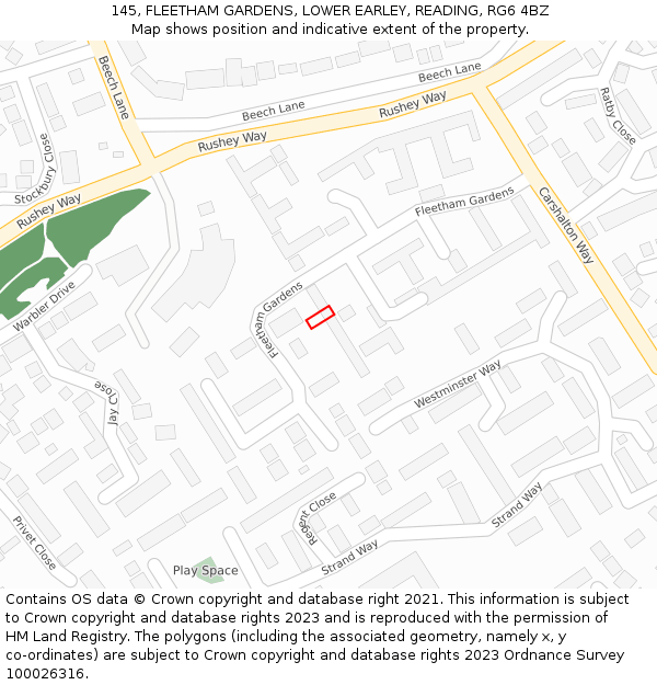 145, FLEETHAM GARDENS, LOWER EARLEY, READING, RG6 4BZ: Location map and indicative extent of plot