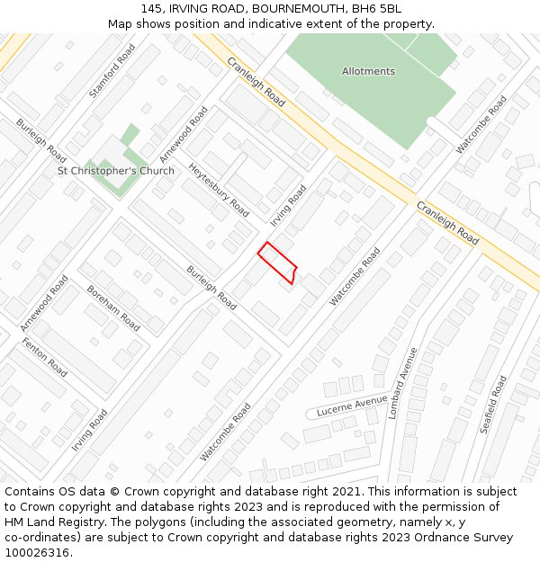 145, IRVING ROAD, BOURNEMOUTH, BH6 5BL: Location map and indicative extent of plot