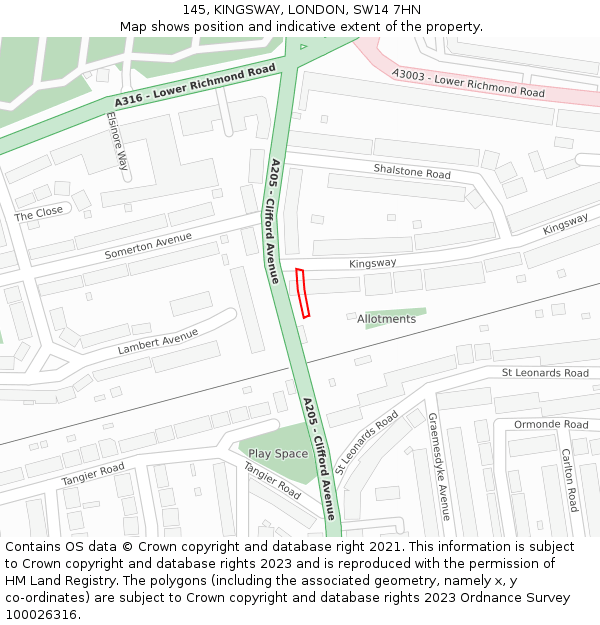 145, KINGSWAY, LONDON, SW14 7HN: Location map and indicative extent of plot
