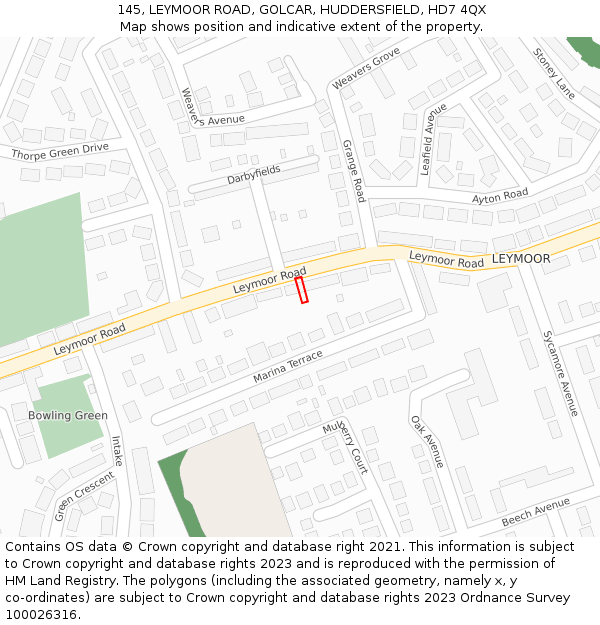145, LEYMOOR ROAD, GOLCAR, HUDDERSFIELD, HD7 4QX: Location map and indicative extent of plot