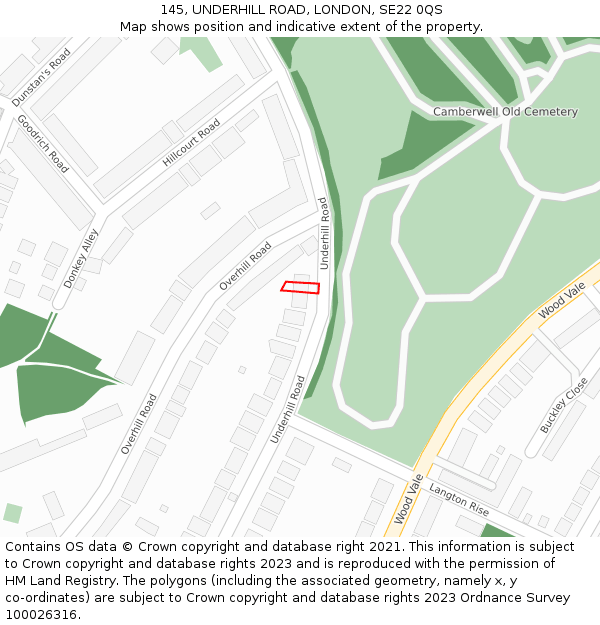 145, UNDERHILL ROAD, LONDON, SE22 0QS: Location map and indicative extent of plot