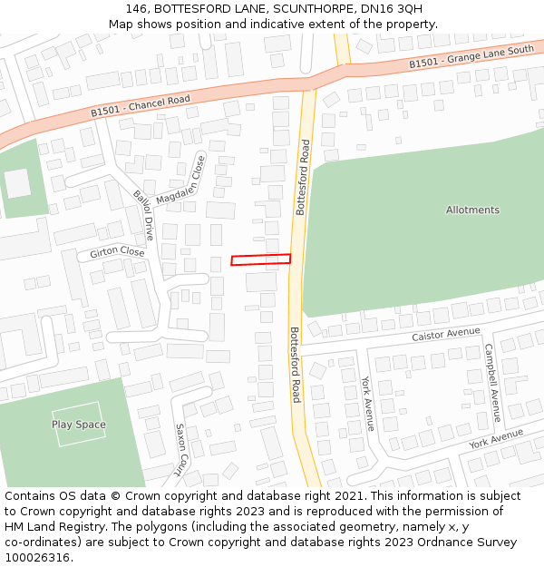 146, BOTTESFORD LANE, SCUNTHORPE, DN16 3QH: Location map and indicative extent of plot