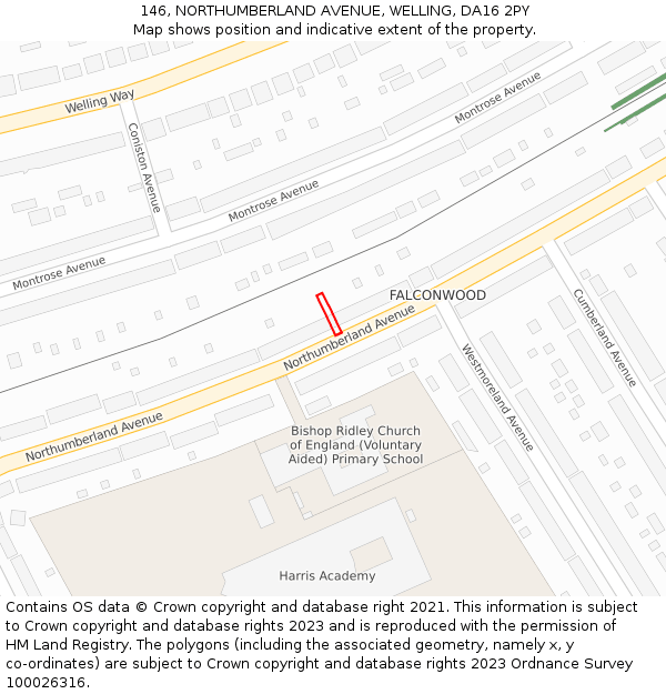 146, NORTHUMBERLAND AVENUE, WELLING, DA16 2PY: Location map and indicative extent of plot