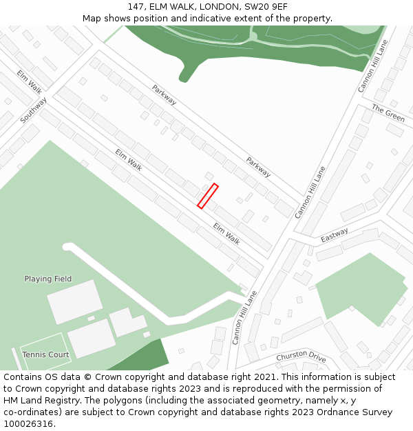 147, ELM WALK, LONDON, SW20 9EF: Location map and indicative extent of plot