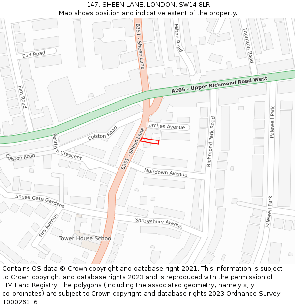 147, SHEEN LANE, LONDON, SW14 8LR: Location map and indicative extent of plot
