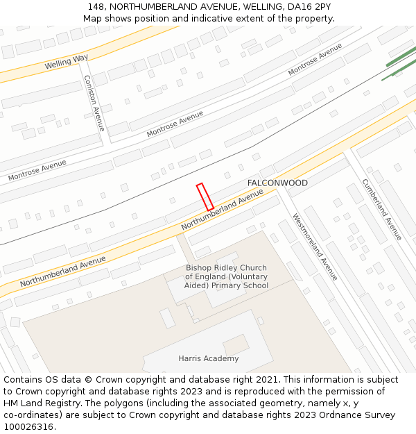 148, NORTHUMBERLAND AVENUE, WELLING, DA16 2PY: Location map and indicative extent of plot