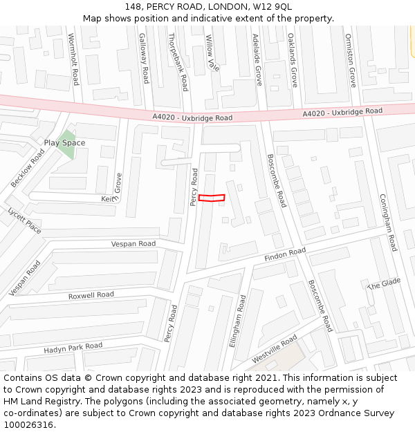 148, PERCY ROAD, LONDON, W12 9QL: Location map and indicative extent of plot