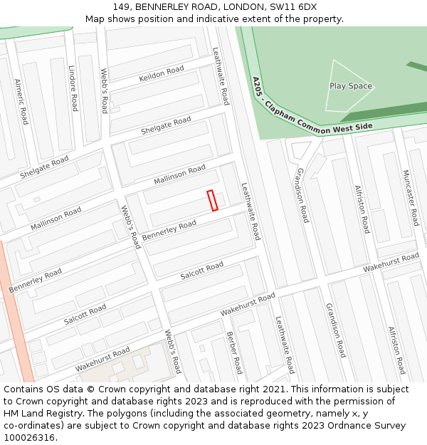 149, BENNERLEY ROAD, LONDON, SW11 6DX: Location map and indicative extent of plot