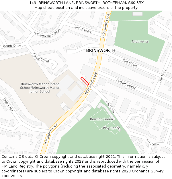 149, BRINSWORTH LANE, BRINSWORTH, ROTHERHAM, S60 5BX: Location map and indicative extent of plot