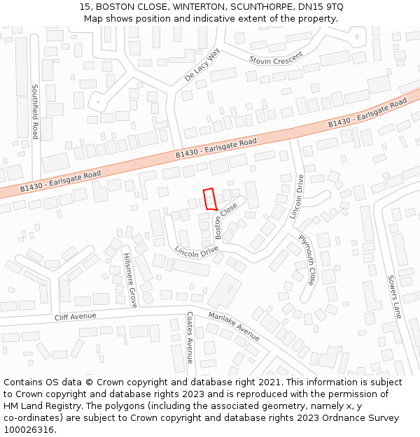 15, BOSTON CLOSE, WINTERTON, SCUNTHORPE, DN15 9TQ: Location map and indicative extent of plot