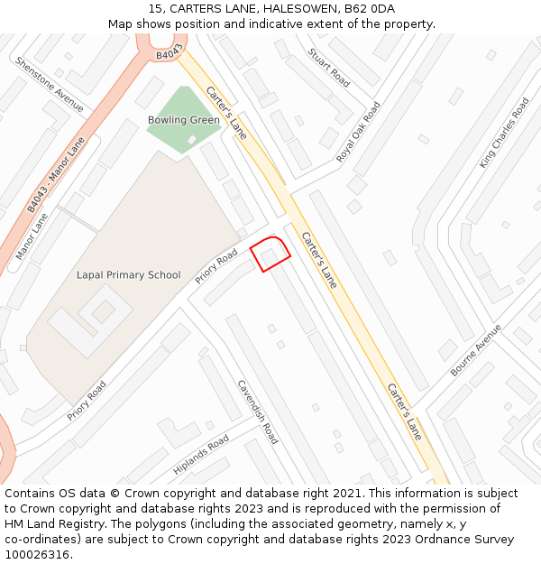 15, CARTERS LANE, HALESOWEN, B62 0DA: Location map and indicative extent of plot