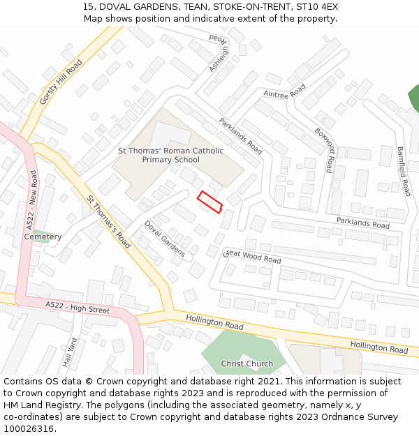 15, DOVAL GARDENS, TEAN, STOKE-ON-TRENT, ST10 4EX: Location map and indicative extent of plot
