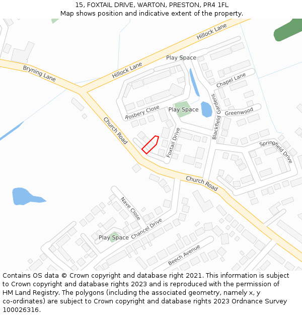 15, FOXTAIL DRIVE, WARTON, PRESTON, PR4 1FL: Location map and indicative extent of plot