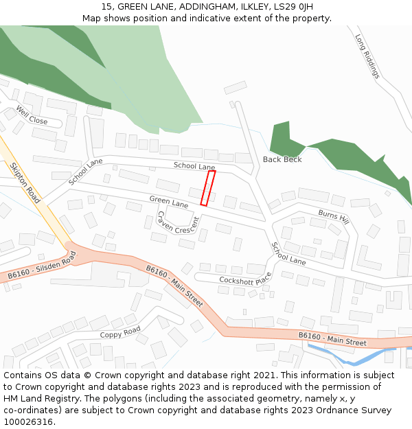 15, GREEN LANE, ADDINGHAM, ILKLEY, LS29 0JH: Location map and indicative extent of plot