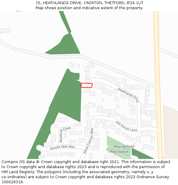 15, HEATHLANDS DRIVE, CROXTON, THETFORD, IP24 1UT: Location map and indicative extent of plot