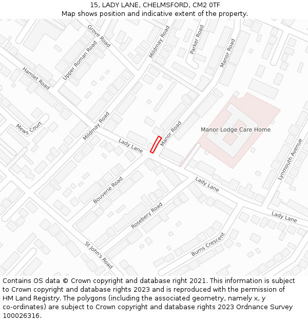 15, LADY LANE, CHELMSFORD, CM2 0TF: Location map and indicative extent of plot