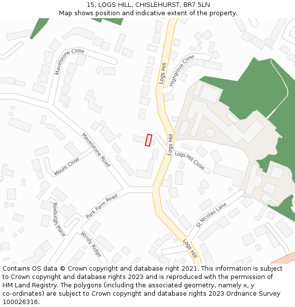 15, LOGS HILL, CHISLEHURST, BR7 5LN: Location map and indicative extent of plot