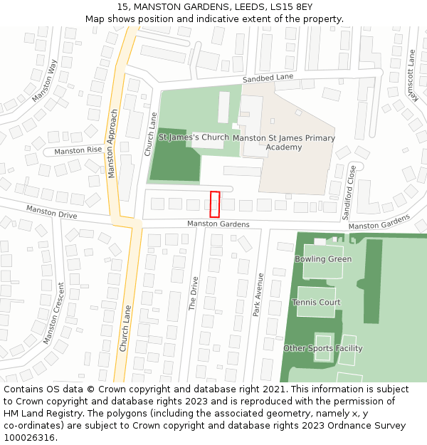 15, MANSTON GARDENS, LEEDS, LS15 8EY: Location map and indicative extent of plot