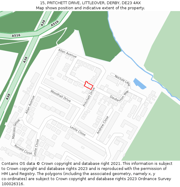 15, PRITCHETT DRIVE, LITTLEOVER, DERBY, DE23 4AX: Location map and indicative extent of plot