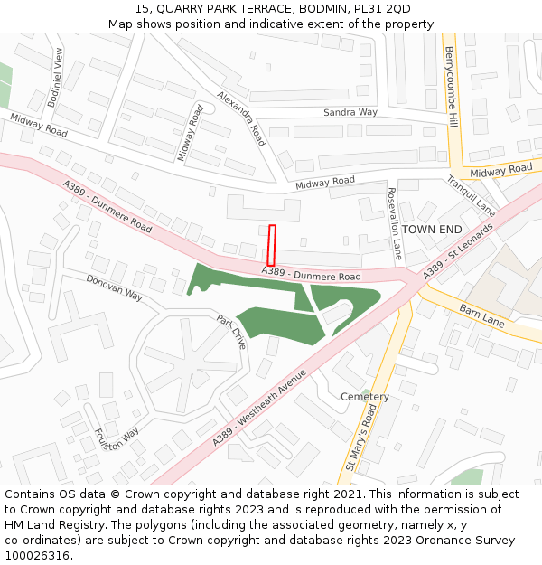 15, QUARRY PARK TERRACE, BODMIN, PL31 2QD: Location map and indicative extent of plot