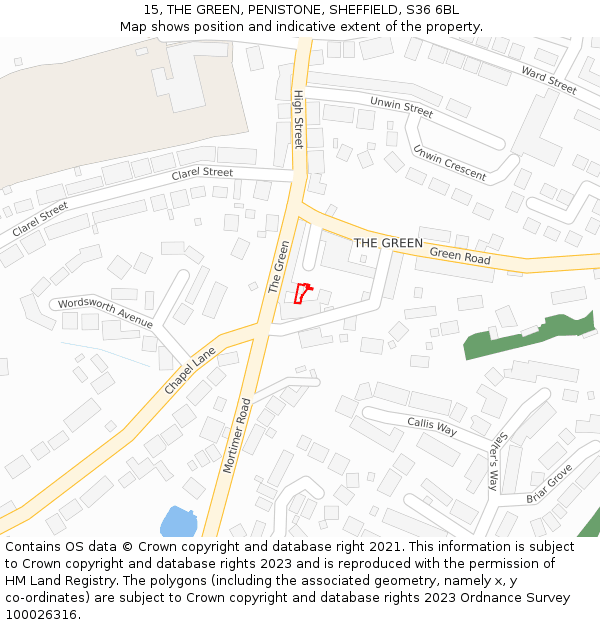 15, THE GREEN, PENISTONE, SHEFFIELD, S36 6BL: Location map and indicative extent of plot