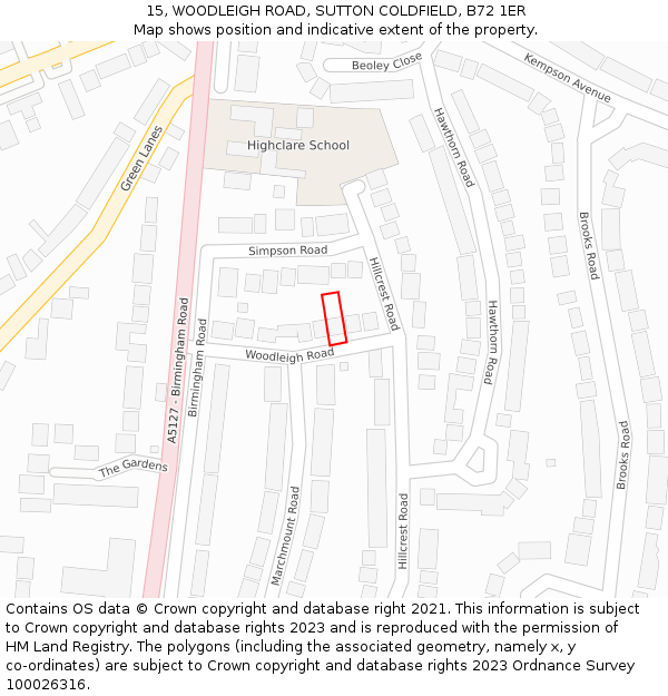 15, WOODLEIGH ROAD, SUTTON COLDFIELD, B72 1ER: Location map and indicative extent of plot