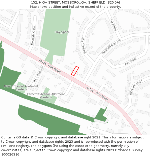 152, HIGH STREET, MOSBOROUGH, SHEFFIELD, S20 5AJ: Location map and indicative extent of plot