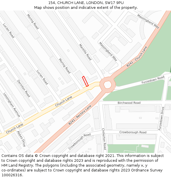 154, CHURCH LANE, LONDON, SW17 9PU: Location map and indicative extent of plot