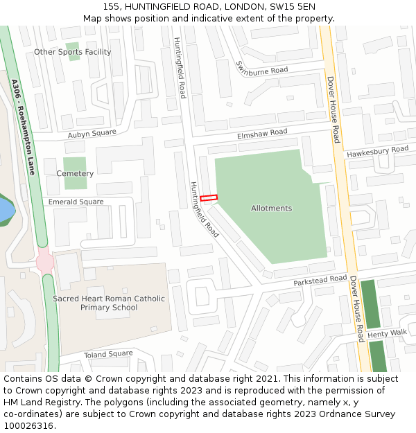 155, HUNTINGFIELD ROAD, LONDON, SW15 5EN: Location map and indicative extent of plot