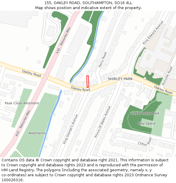 155, OAKLEY ROAD, SOUTHAMPTON, SO16 4LL: Location map and indicative extent of plot