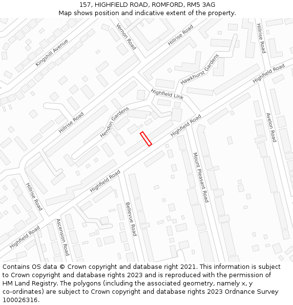 157, HIGHFIELD ROAD, ROMFORD, RM5 3AG: Location map and indicative extent of plot