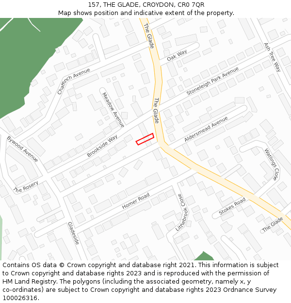 157, THE GLADE, CROYDON, CR0 7QR: Location map and indicative extent of plot