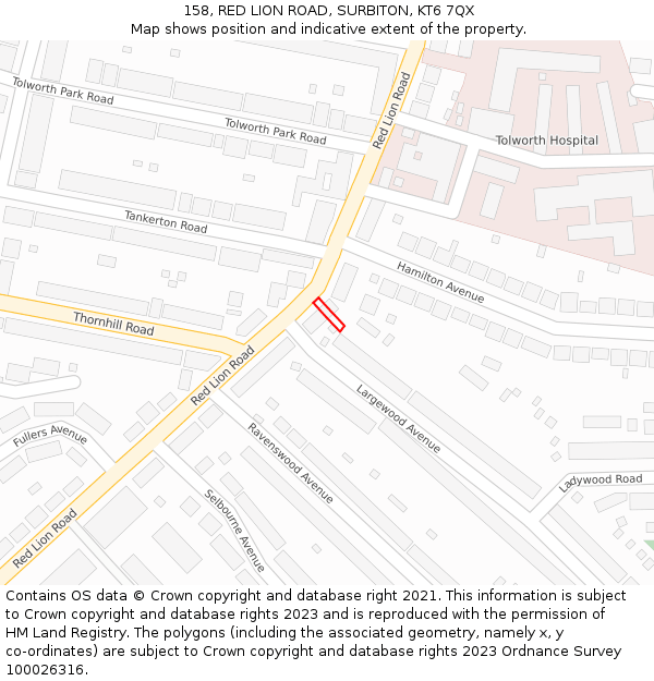 158, RED LION ROAD, SURBITON, KT6 7QX: Location map and indicative extent of plot