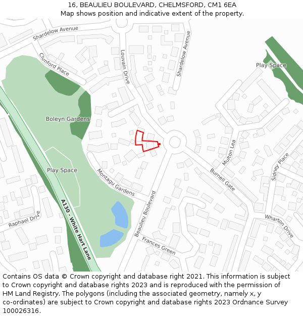 16, BEAULIEU BOULEVARD, CHELMSFORD, CM1 6EA: Location map and indicative extent of plot