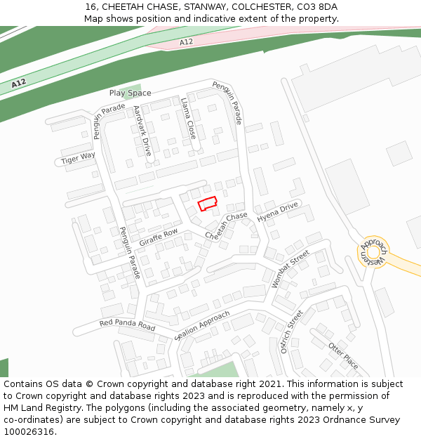 16, CHEETAH CHASE, STANWAY, COLCHESTER, CO3 8DA: Location map and indicative extent of plot