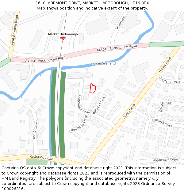 16, CLAREMONT DRIVE, MARKET HARBOROUGH, LE16 8BX: Location map and indicative extent of plot