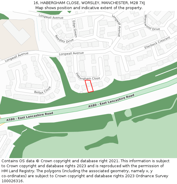 16, HABERGHAM CLOSE, WORSLEY, MANCHESTER, M28 7XJ: Location map and indicative extent of plot