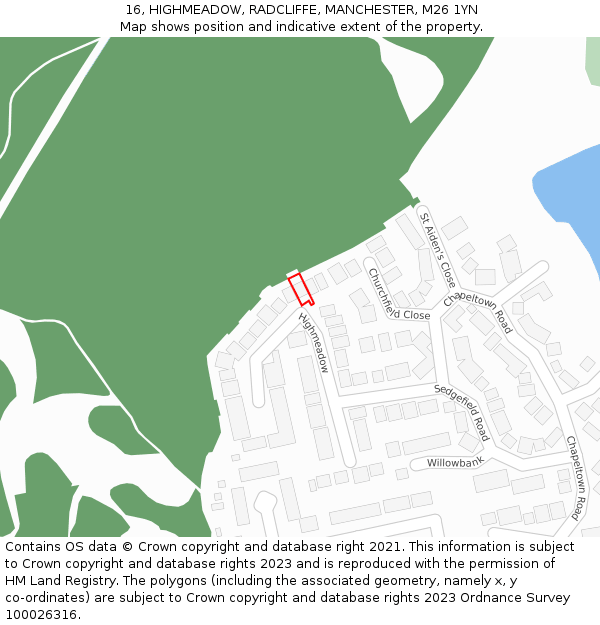 16, HIGHMEADOW, RADCLIFFE, MANCHESTER, M26 1YN: Location map and indicative extent of plot