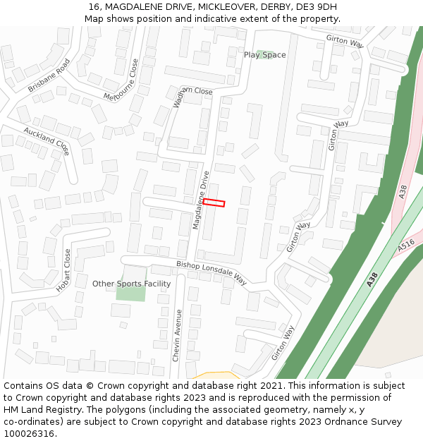 16, MAGDALENE DRIVE, MICKLEOVER, DERBY, DE3 9DH: Location map and indicative extent of plot