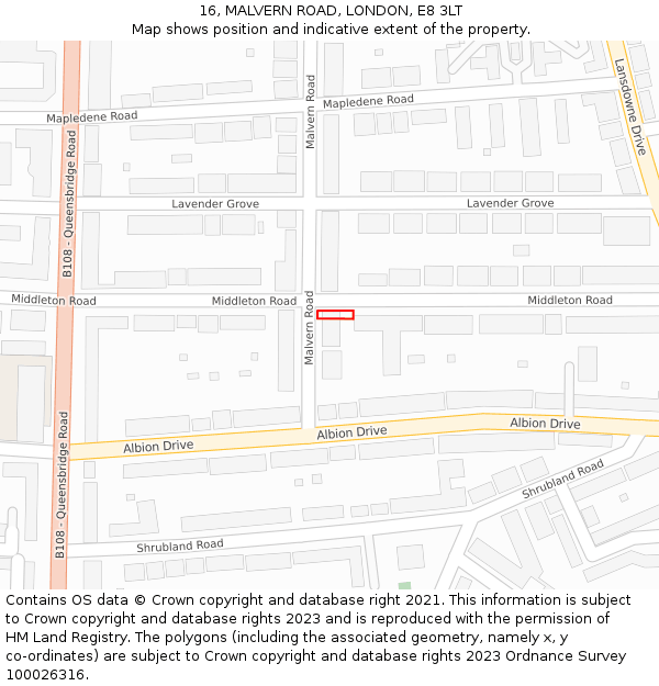 16, MALVERN ROAD, LONDON, E8 3LT: Location map and indicative extent of plot