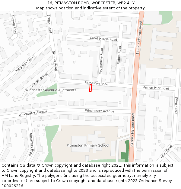 16, PITMASTON ROAD, WORCESTER, WR2 4HY: Location map and indicative extent of plot