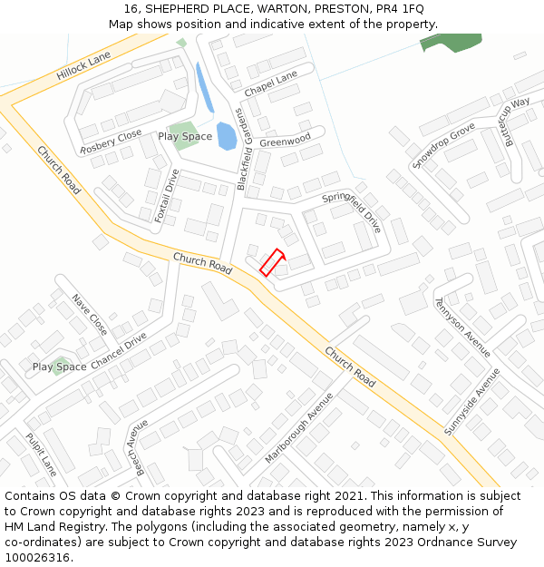 16, SHEPHERD PLACE, WARTON, PRESTON, PR4 1FQ: Location map and indicative extent of plot