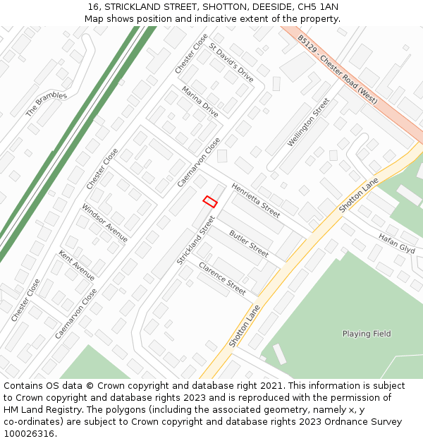 16, STRICKLAND STREET, SHOTTON, DEESIDE, CH5 1AN: Location map and indicative extent of plot