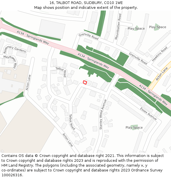 16, TALBOT ROAD, SUDBURY, CO10 1WE: Location map and indicative extent of plot