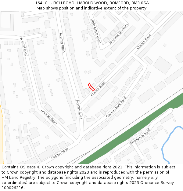 164, CHURCH ROAD, HAROLD WOOD, ROMFORD, RM3 0SA: Location map and indicative extent of plot