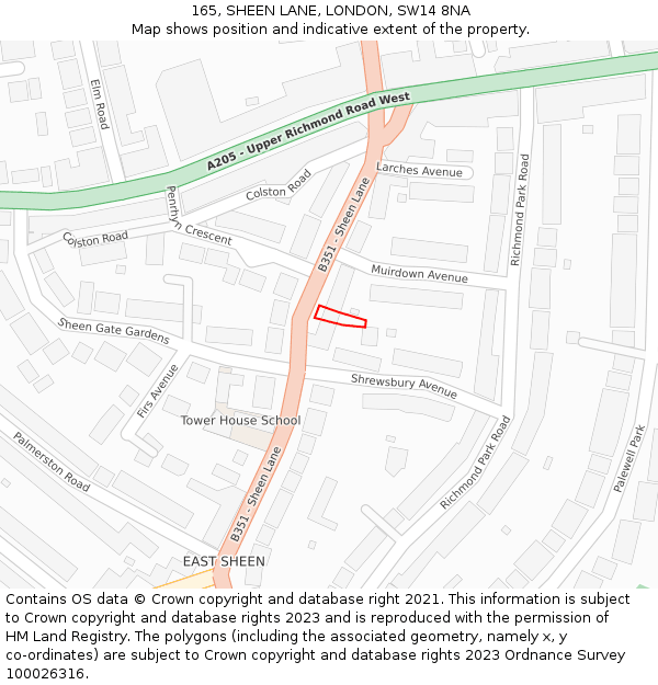 165, SHEEN LANE, LONDON, SW14 8NA: Location map and indicative extent of plot