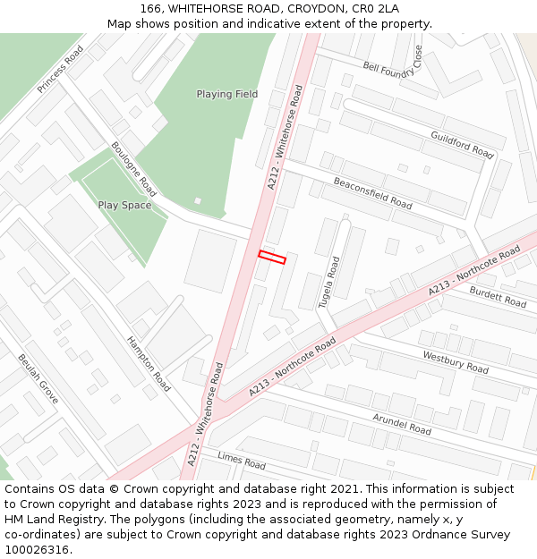 166, WHITEHORSE ROAD, CROYDON, CR0 2LA: Location map and indicative extent of plot