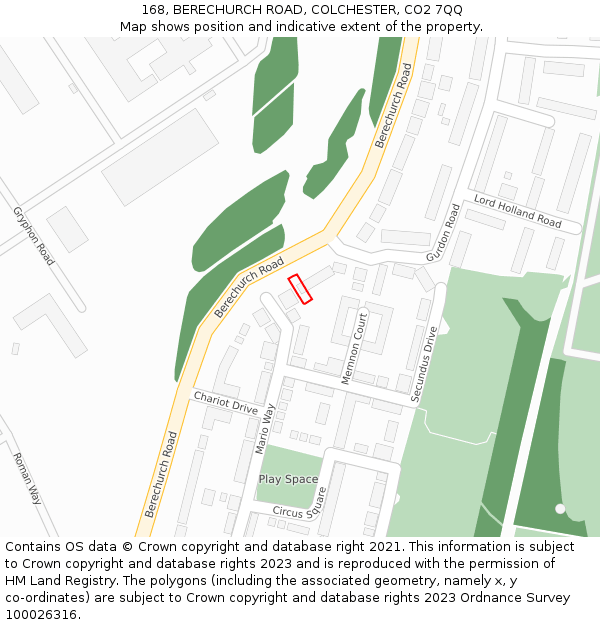 168, BERECHURCH ROAD, COLCHESTER, CO2 7QQ: Location map and indicative extent of plot