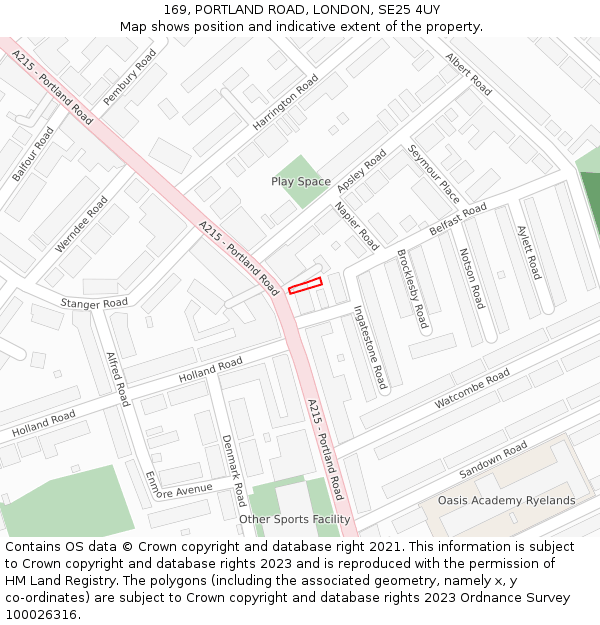 169, PORTLAND ROAD, LONDON, SE25 4UY: Location map and indicative extent of plot