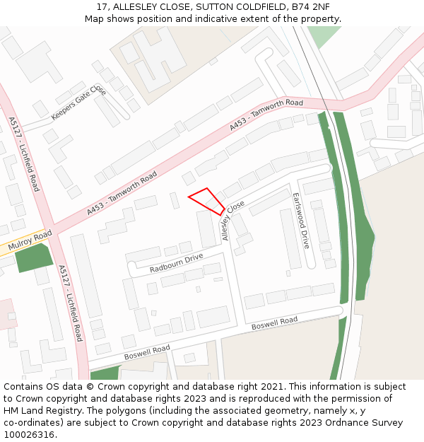 17, ALLESLEY CLOSE, SUTTON COLDFIELD, B74 2NF: Location map and indicative extent of plot